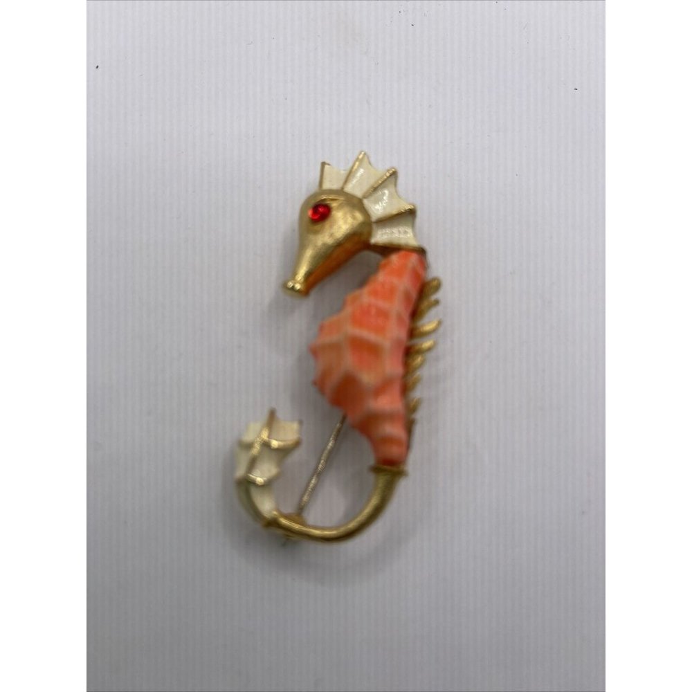 Vintage Coral Seahorse Brooch Pin Ruby Eye